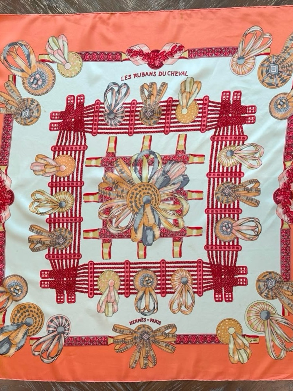 Hermes Coral, Cream & Red Ribbon Motif Silk Scarf - Picture 6 of 14